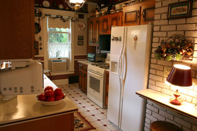 The galley style kitchen at Dreams of Yesteryear bed and breakfast.