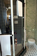 A neo-angle walk-in glass shower is a touch of modern luxury tucked away in this private bath.