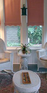The east porch looks out into the gardens.